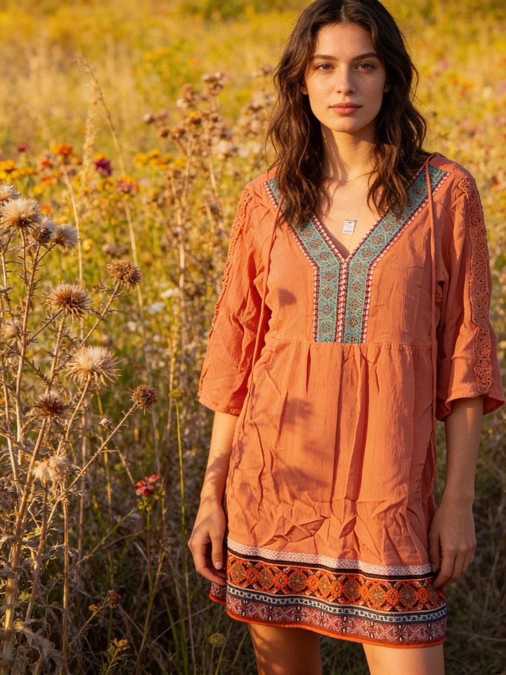 White Mark Burnt Orange Embroidered V-Neck Tunic